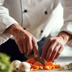 Un ayudante de cocinero trozea unas verduras en una tabla de cortar.